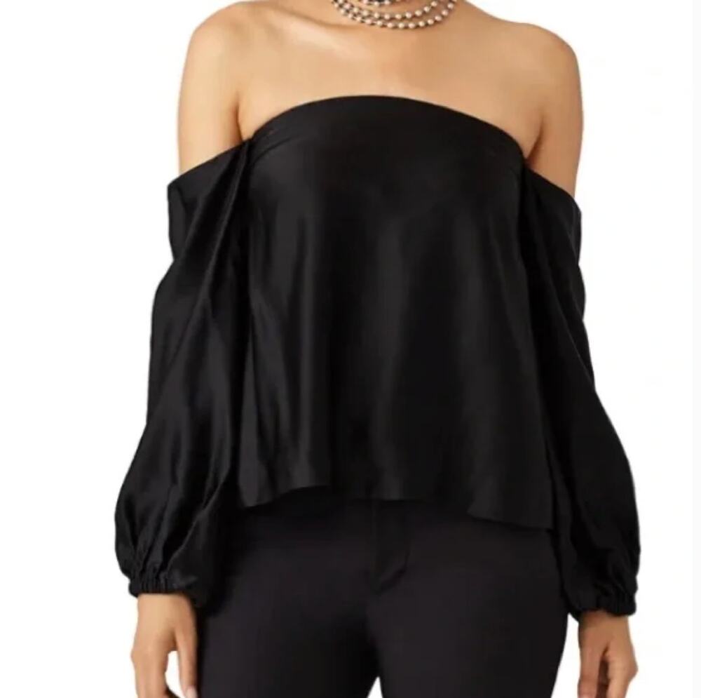 ELIZABETH and JAMES | Black Satin Nolita Off the shoulder Blouse | Medium